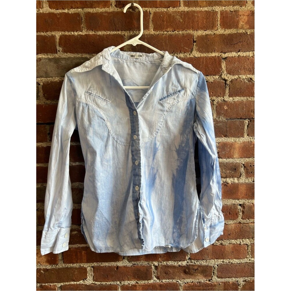 Light Blue and White Tie-Dye Cloud Cotton Button-Up Shirt Lightweight Fits Sz S